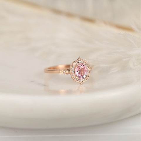 0.92ct Ready to Ship Mae 14kt Rose Gold Peach Blush Champagne Sapphire Diamond Oval Halo Ring - Rosados Box