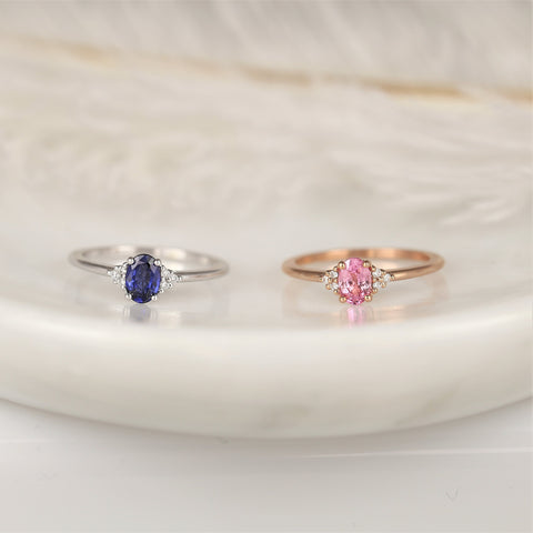 Juniper 6x4mm 14kt Gold Pink Sapphire Diamonds Dainty Oval Cluster Ring - Rosados Box