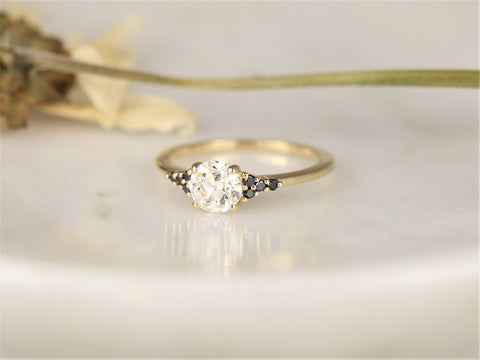 0.70ct Malia 6mm 14kt Gold OEC FB Moissanite Black Diamond Art Deco 3 Stone Cluster Ring - Rosados Box