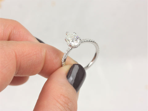 1.50ct EXTRA LOW Vienna 9x6mm 14kt White Gold Forever One Moissanite Diamond Minimalist Scarf Pave Halo Pear Engagement Ring