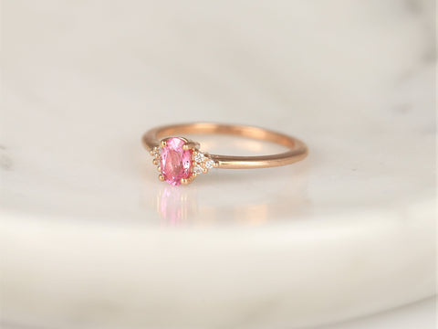 Juniper 6x4mm 14kt Gold Pink Sapphire Diamonds Dainty Oval Cluster Ring - Rosados Box