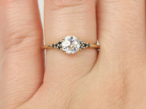 0.70ct Malia 6mm 14kt Gold OEC FB Moissanite Black Diamond Art Deco 3 Stone Cluster Ring - Rosados Box