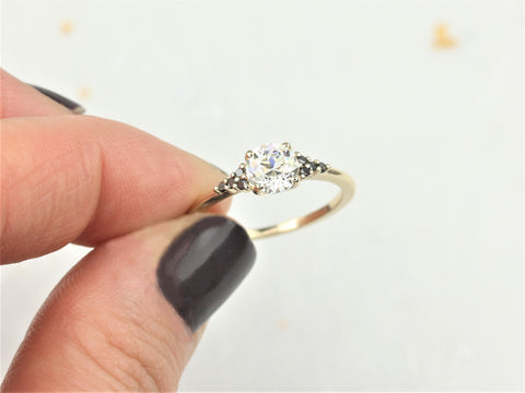 0.70ct Malia 6mm 14kt Gold OEC FB Moissanite Black Diamond Art Deco 3 Stone Cluster Ring - Rosados Box