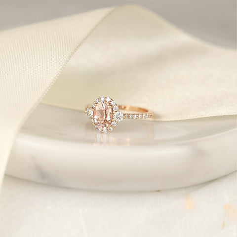 Bridgette 8x6mm 14kt Morganite Diamonds Dainty Unique Oval Halo Ring - Rosados Box