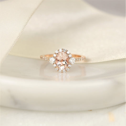 Bridgette 8x6mm 14kt Morganite Diamonds Dainty Unique Oval Halo Ring - Rosados Box