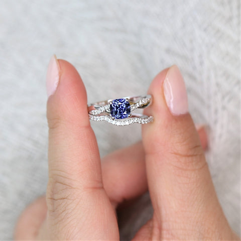 Ready to Ship Tressa 6mm 14kt Blue Sapphire Diamond Crossover Cushion Bridal Set,Cushion Engagement Ring,Cushion Twist Ring,Anniversary Ring