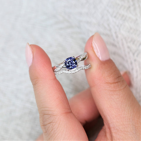 Ready to Ship Tressa 6mm 14kt Blue Sapphire Diamond Crossover Cushion Bridal Set,Cushion Engagement Ring,Cushion Twist Ring,Anniversary Ring