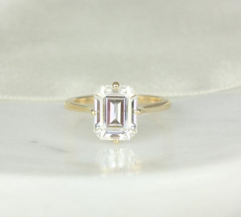 3.90cts Extra Low Roux 10x8mm 14kt Gold Moissanite Compass Set Emerald Solitaire Ring - Rosados Box