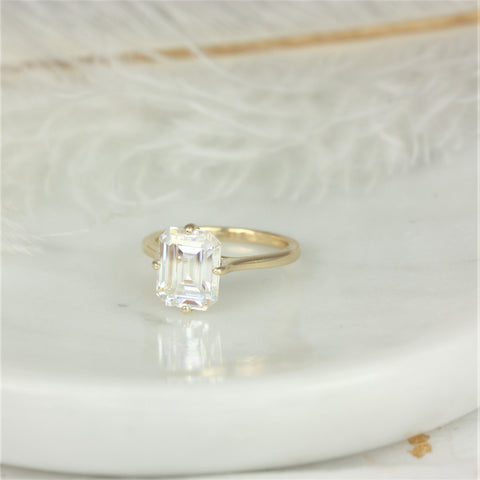 3.90cts Extra Low Roux 10x8mm 14kt Gold Moissanite Compass Set Emerald Solitaire Ring - Rosados Box