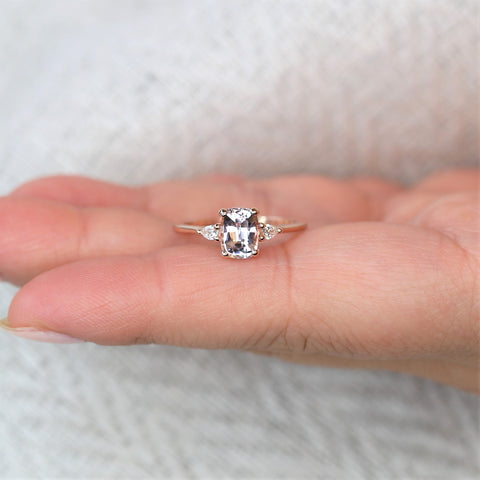 1.40ct Ready to Ship Petite Ellis 14kt Rose Gold Blush Peach Sapphire Diamond 3 Stone Cushion Ring - Rosados Box