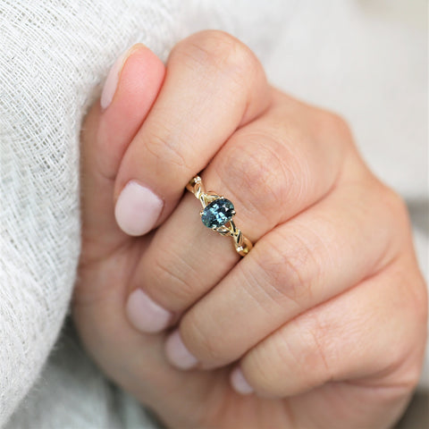 1.30ct Ready to Ship Fern 14kt Gold Deep Ocean Teal Sapphire Diamond Leaf Crossover Oval Solitaire Ring - Rosados Box