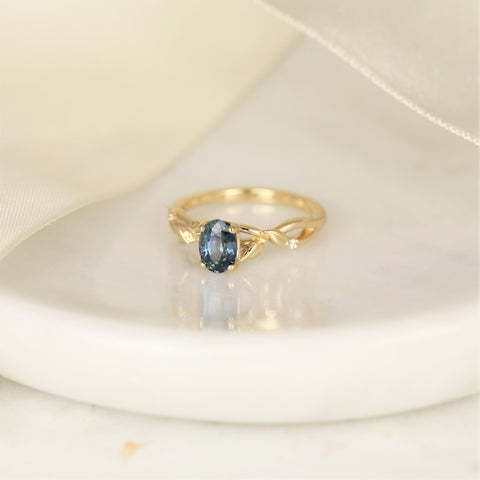 1.30ct Ready to Ship Fern 14kt Gold Deep Ocean Teal Sapphire Diamond Leaf Crossover Oval Solitaire Ring - Rosados Box