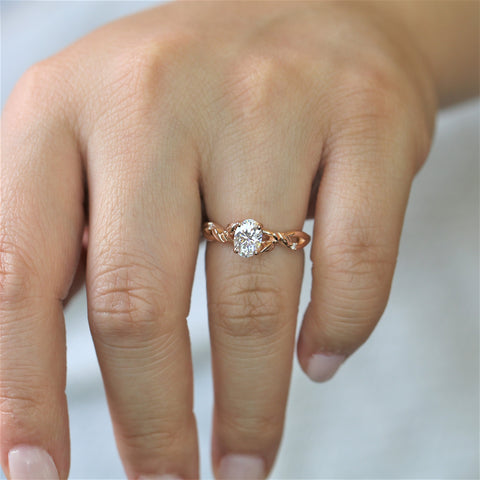1ct Fern 7x5mm 14kt Rose Gold Moissanite Diamond Leaves Crossover Oval Solitaire Ring - Rosados Box