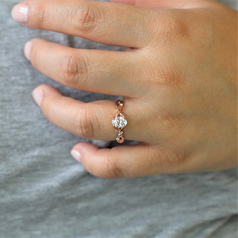 1ct Fern 7x5mm 14kt Rose Gold Moissanite Diamond Leaves Crossover Oval Solitaire Ring - Rosados Box