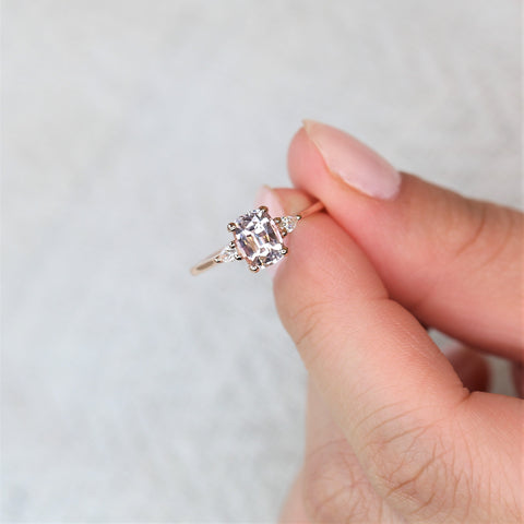 1.40ct Ready to Ship Petite Ellis 14kt Rose Gold Blush Peach Sapphire Diamond 3 Stone Cushion Ring - Rosados Box