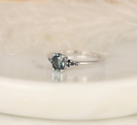 0.94ct Ready to Ship Maddy 14kt White Gold Teal Chrome Sapphire Black Diamond Oval Cluster Ring - Rosados Box