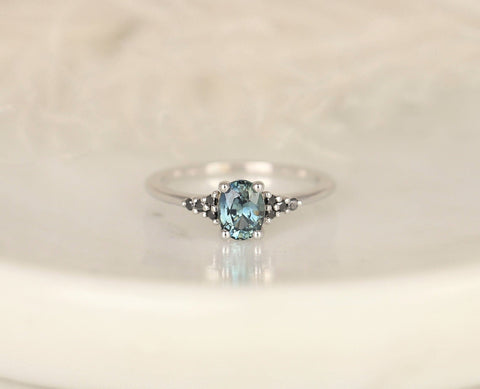 0.94ct Ready to Ship Maddy 14kt White Gold Teal Chrome Sapphire Black Diamond Oval Cluster Ring - Rosados Box