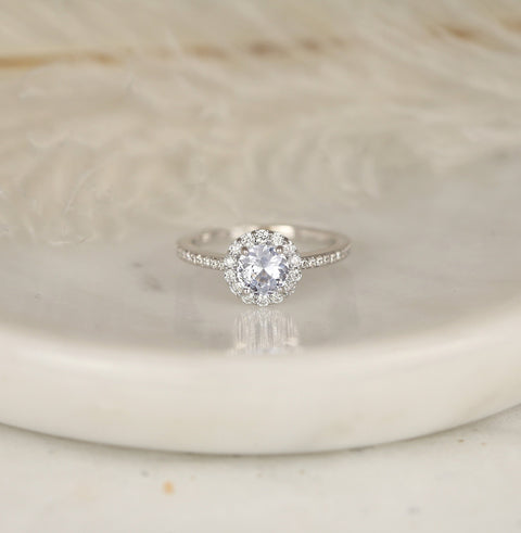 0.80ct Ready to Ship Marisol 14kt White Gold Icy Blue Sapphire Diamond Open Gallery Round Halo Ring - Rosados Box