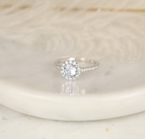 0.80ct Ready to Ship Marisol 14kt White Gold Icy Blue Sapphire Diamond Open Gallery Round Halo Ring - Rosados Box