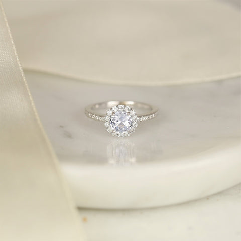 0.80ct Ready to Ship Marisol 14kt White Gold Icy Blue Sapphire Diamond Open Gallery Round Halo Ring - Rosados Box