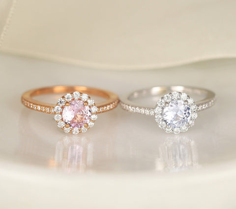 0.80ct Ready to Ship Marisol 14kt Rose Gold Blush Sapphire Diamond Round Halo Ring - Rosados Box