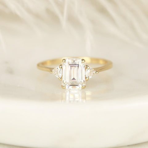 1.75ct Livy 8x6mm 14kt Gold Moissanite Emerald Trillion Three Stone Ring - Rosados Box