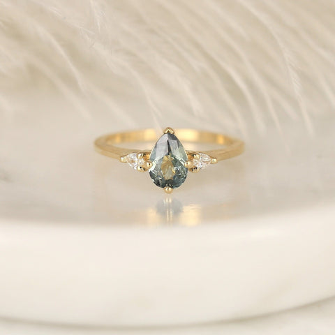 0.85ct Ready to Ship Evette 14kt Solid Gold Chameleon Teal Sapphire Diamond 3 Stone Pear Ring - Rosados Box