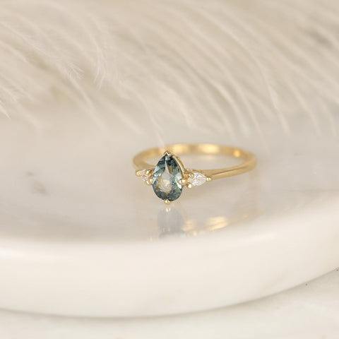 0.85ct Ready to Ship Evette 14kt Solid Gold Chameleon Teal Sapphire Diamond 3 Stone Pear Ring - Rosados Box