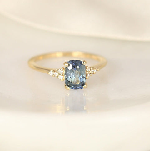 1.64ct Ready to Ship Marlow 14kt Gold Bi-Color Ocean Teal Sapphire Diamond Dainty Elongated Cushion Cluster 3 Stone Ring - Rosados Box