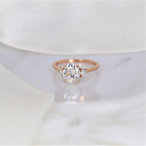 2ct Ready to Ship Gloria 9x7mm 14kt Rose Gold Moissanite Diamond Three Stone Oval Ring - Rosados Box