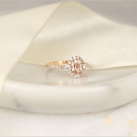 Bridgette 8x6mm 14kt Morganite Diamonds Dainty Unique Oval Halo Ring - Rosados Box