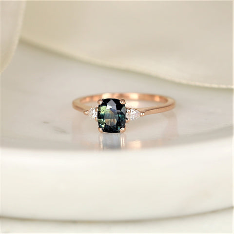 1.47ct Ready to Ship Petite Ellis 14kt Gold Bi-Color Moss Teal Sapphire Diamond Elongated Cushion 3 Stone Ring - Rosados Box
