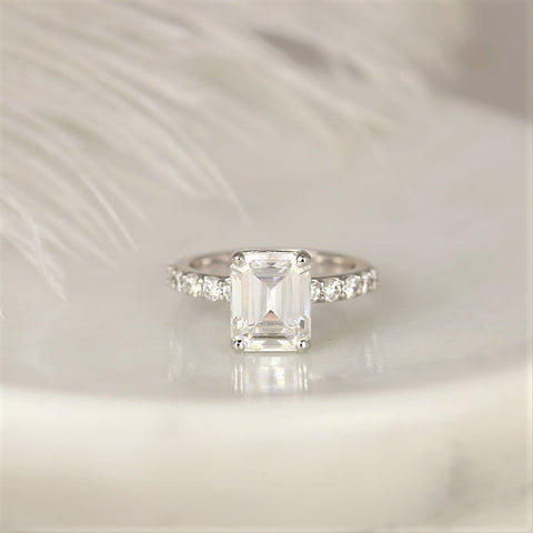 3.90ct Nadege 10x8mm 14kt White Gold Forever One Moissanite Diamonds Pave Emerald Solitaire Engagement Ring - Rosados Box