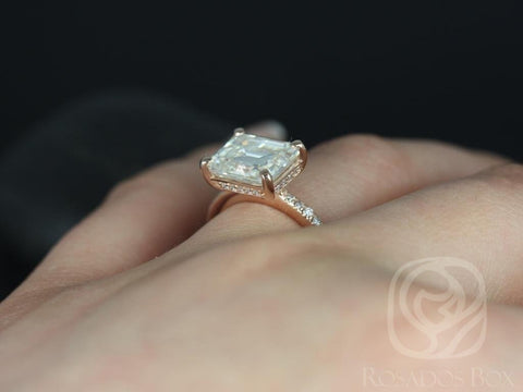 3.90ct Becca 10x8mm 14kt Rose Gold Moissanite Diamond Pave East West Horizontal Emerald Solitaire Engagement Ring