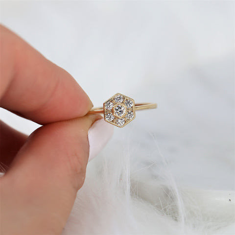 Mosaic 14kt Solid Gold Diamonds Art Deco WITH Hand Milgrain Hexagon Unique Cluster Ring, Rosados Box - Rosados Box