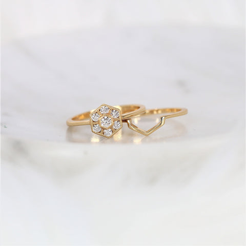 Mosaic 14kt Gold Diamond Art Deco Hexagon Cluster Bridal Set - Rosados Box