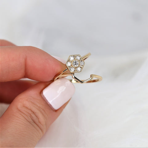 Mosaic 14kt Gold Diamond Art Deco Hexagon Cluster Bridal Set - Rosados Box