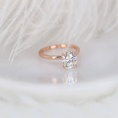 2ct Ready to Ship Dakota 9x7mm 14kt ROSE Gold Forever One DEF Moissanite Dainty Oval Solitaire Ring - Rosados Box