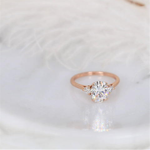 2ct Ready to Ship Gloria 9x7mm 14kt Rose Gold Moissanite Diamond Three Stone Oval Ring - Rosados Box