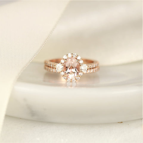Bridgette 8x6mm 14kt Gold Morganite Diamond Unique Halo Bridal Set,Morganite Engagement Ring Set,Morganite Halo Ring,Unique Wedding Ring