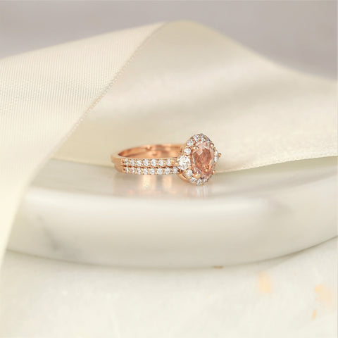 Bridgette 8x6mm 14kt Gold Morganite Diamond Unique Halo Bridal Set,Morganite Engagement Ring Set,Morganite Halo Ring,Unique Wedding Ring