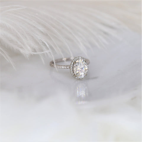 2ct Jessica 9x7mm 14kt Moissanite Diamonds Dainty Oval Halo Ring - Rosados Box