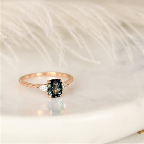 1.47ct Ready to Ship Petite Ellis 14kt Gold Bi-Color Moss Teal Sapphire Diamond Elongated Cushion 3 Stone Ring - Rosados Box