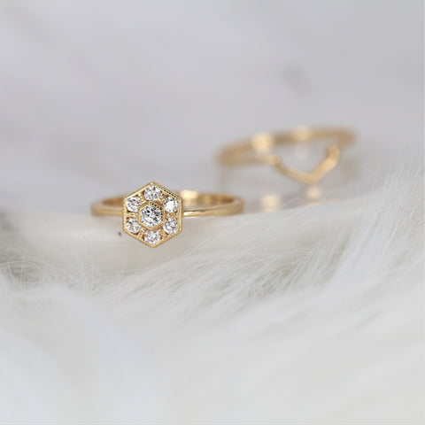 Mosaic 14kt Solid Gold Diamonds Art Deco WITH Hand Milgrain Hexagon Unique Cluster Ring, Rosados Box - Rosados Box