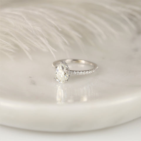 1.50ct Ready to Ship EXTRA LOW Vienna 9x6mm 14kt White Gold Moissanite Diamond Scarf Pave Halo Pear Engagement Ring - Rosados Box
