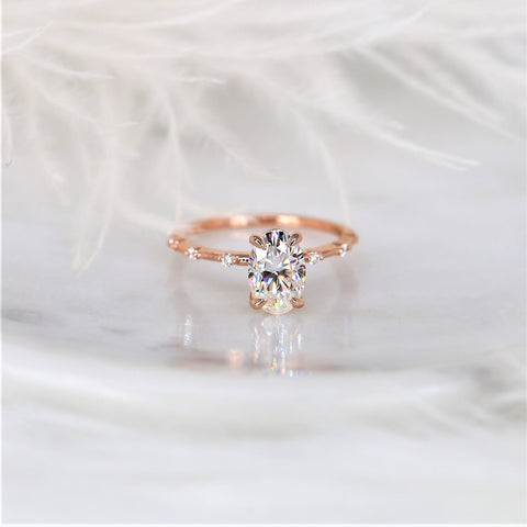 2ct Alix 9x6mm 14kt Gold Moissanite Diamond Ultra Dainty Minimalist Oval Solitaire Ring - Rosados Box