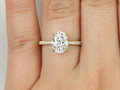 2ct EXTRA LOW Viviana 9x7mm 14kt Gold Moissanite Diamond Scarf Halo Oval Solitaire Ring - Rosados Box