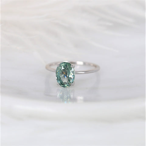 2.45ct Ready to Ship Layla 14kt White Gold Winter Mint Teal Sapphire Dainty Oval Solitaire Ring - Rosados Box