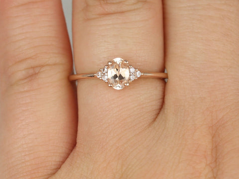 Juniper 6x4mm 14kt Rose Gold Morganite Sapphire Art Deco Dainty Cluster 3 Stone Oval Ring - Rosados Box