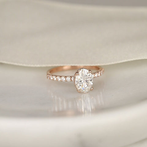 1.50ct Vera 8x6mm 14kt Rose Gold Moissanite Diamond Scarf Oval Halo Solitaire Ring - Rosados Box